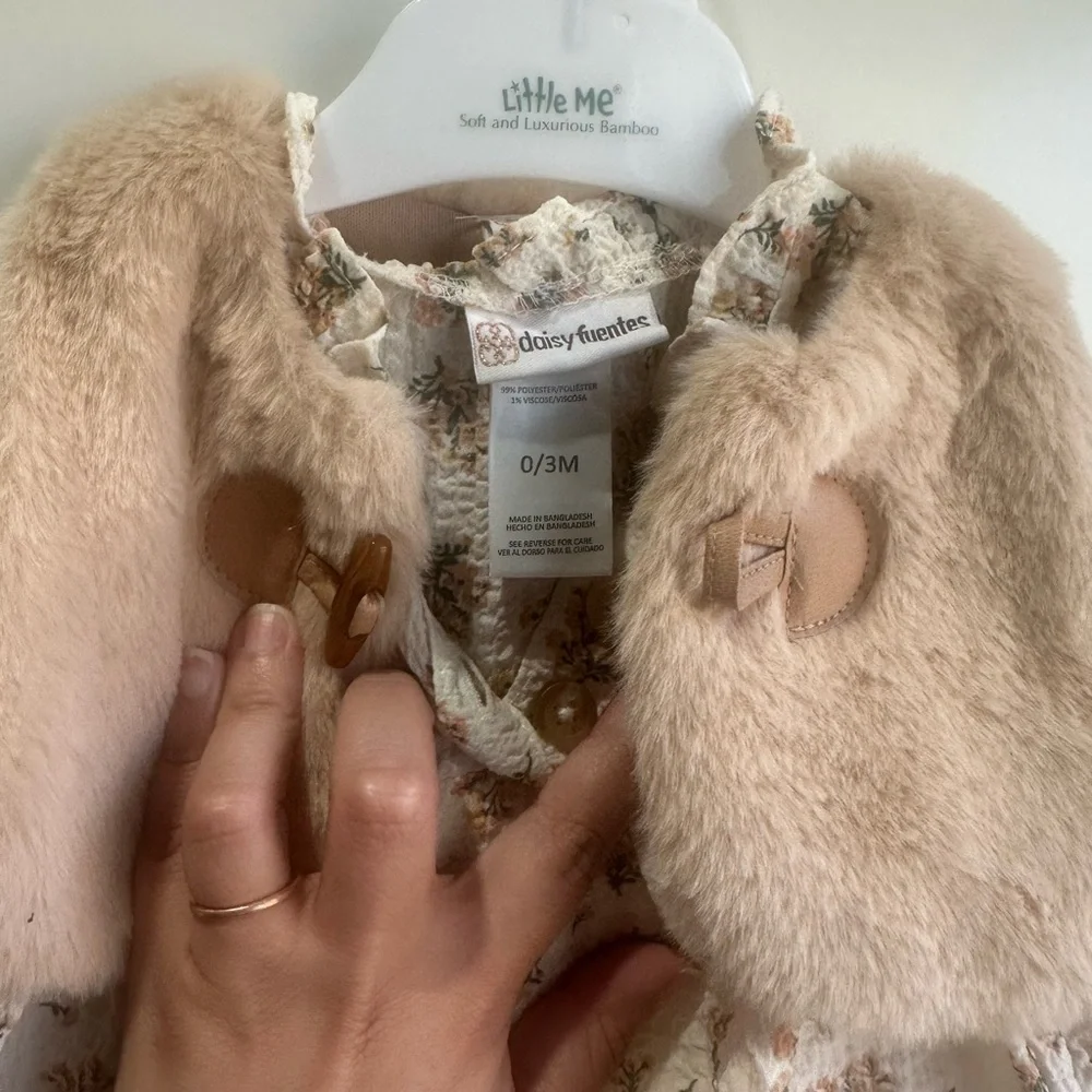 Little Me Cream Floral Dress with Tan Faux Fur Capelet